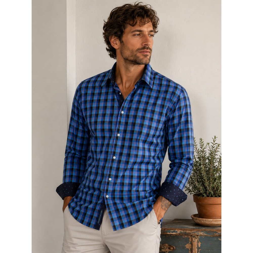 Christian Aujard Paris Blue Plaid Button Up Shirt Men's M Contrast Collar Cotton